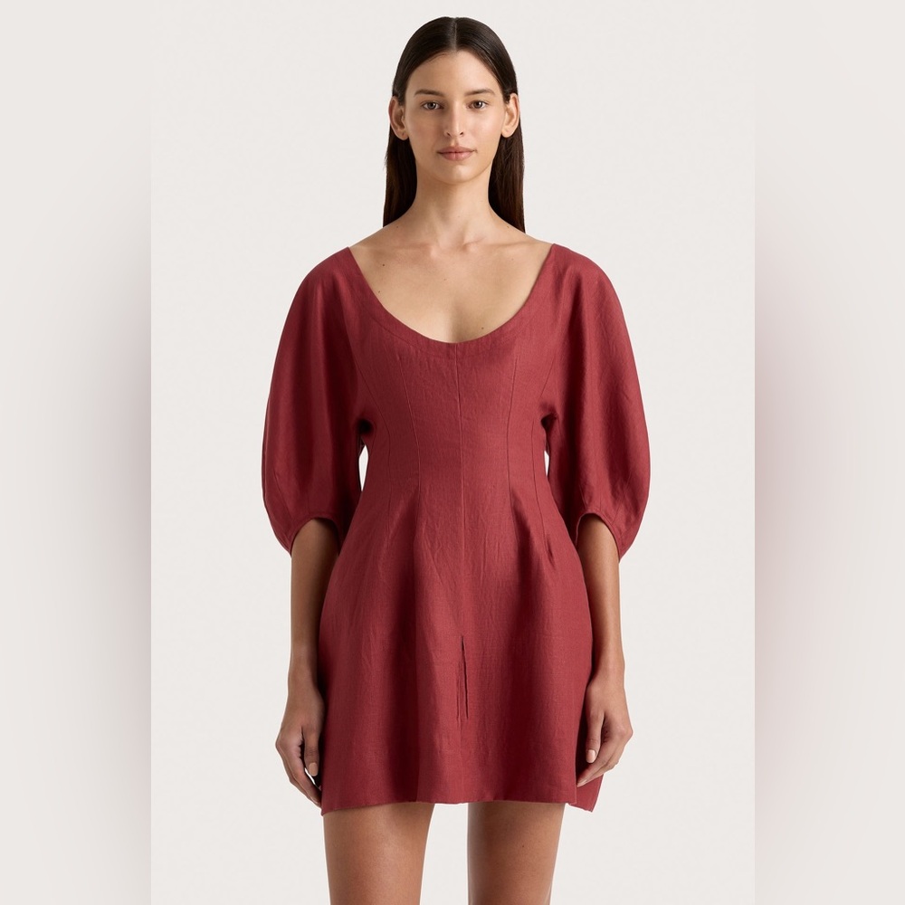 Faithfull the Brand Small Raynara Linen Mini Dress Wine Red - Picture 2 of 12